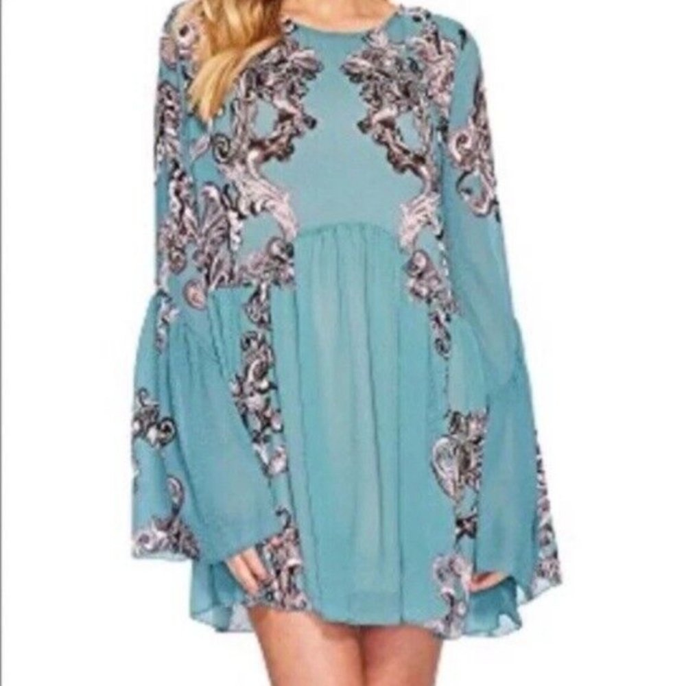 Intimately Free People Symphony Slip Dress in Jade Combo with Bell Sleeve